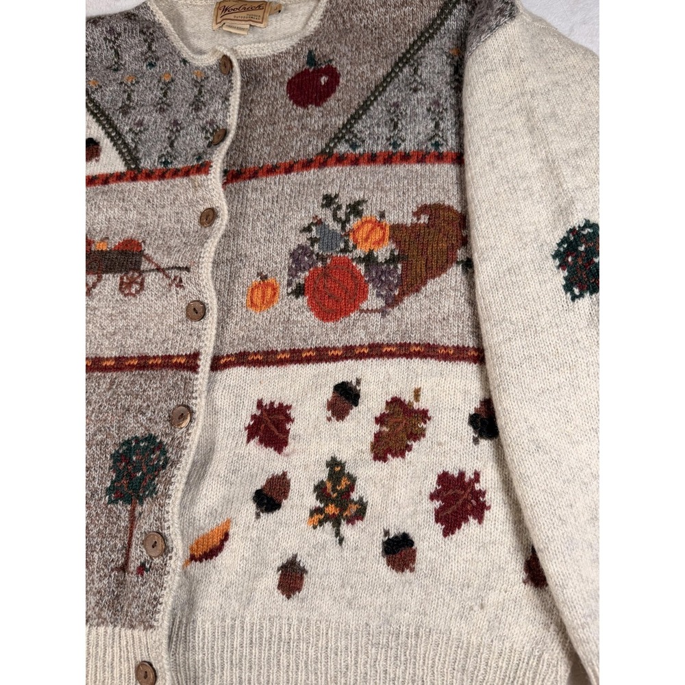 Woolrich Cardigan Sweater Womens Large Beige 100% Wool Fall Harvest Apple Knit - Picture 7 of 16